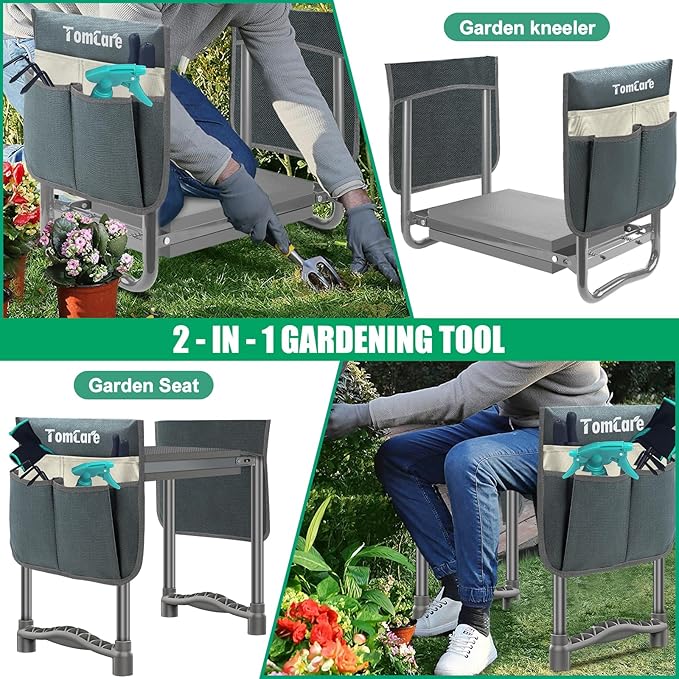 TomCare Upgraded Garden Kneeler and Seat Widen Soft Kneeling Pad Garden Tools Stools Garden Bench with 2 Larger Tool Pouches Outdoor Foldable Sturdy Gardening Tools Gifts for Gardeners, Grey