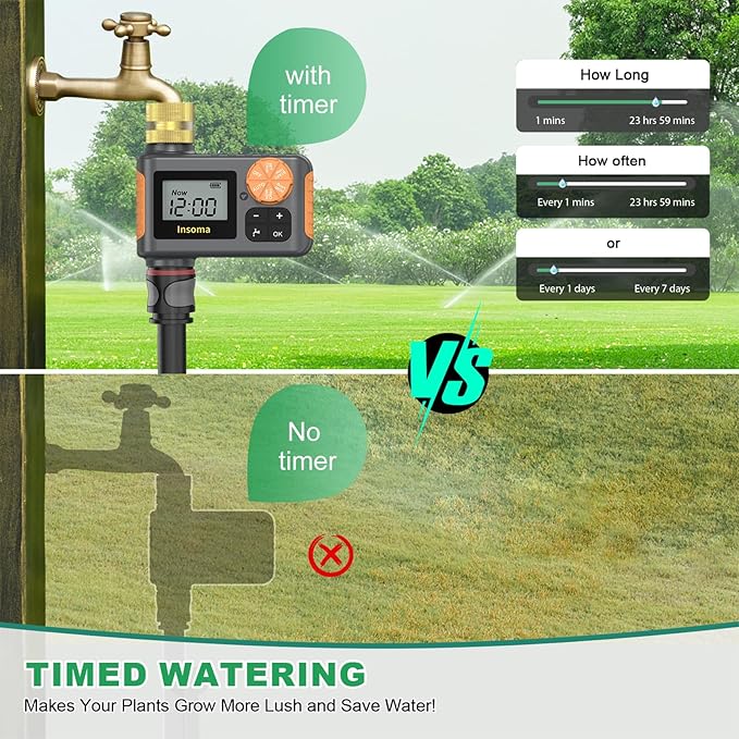 Sprinkler Timer, Hose Timer with Brass Inlet, Water Hose Timer with Rain Delay/Manual/Auto Watering, Auto Irrigation Timer for Yard & Greenhouse, IP55 Waterproof
