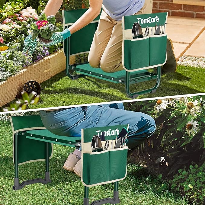 TomCare Garden Kneeler and Seat 10.24” Wide Kneeling Pad Garden Bench with 2 Tool Pouches Heavy Duty Stable Garden Stool Foldable Garden Tools Gardening Gifts for Women Men Seniors Gardeners, Green