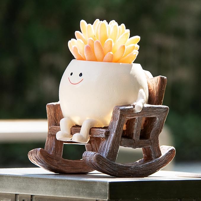 Smiley Face Planter Pot, Cute Resin Smile Face Flower Head Plant Pot, Creative Flower Pot for Indoor Outdoor Plants, Funny Home Decoration (Rocking Chair)