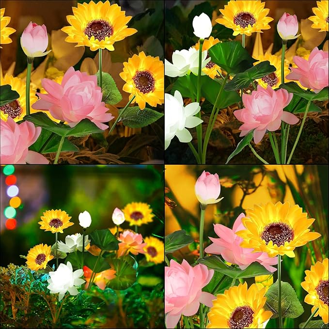 Solar Flower Lights - 4 Pack Outdoor Waterproof Sun Powered Lotus Sunflowers Landscape Decorative Glowing Lights for Yard, Lawn, Patio, Pathway