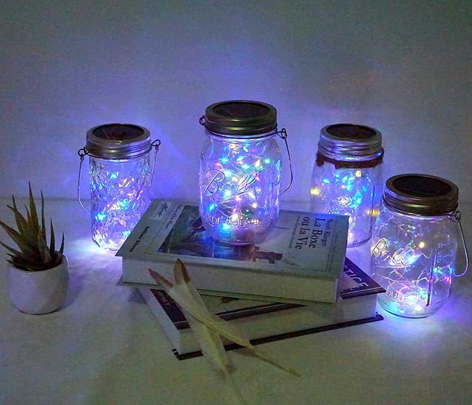 Solar Mason Jar Lid Lights, 10 Pack 30 LED Waterproof Firefly Fairy Lights with Hangers(No Jars), Outdoor Starry String Lights for Patio Yard Garden Wedding Lantern Decor (Colorful-with Hanger)