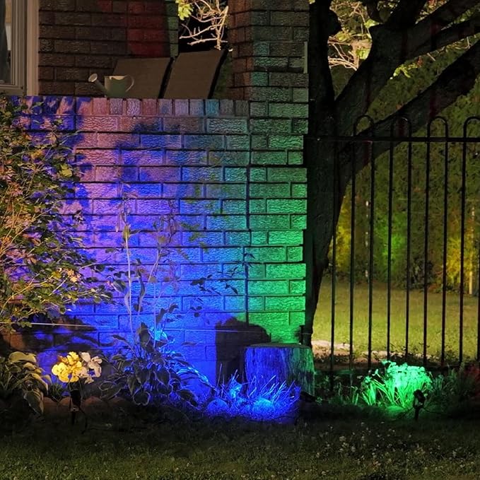 SUNTHIN Outdoor Landscape Lighting, 4 Pack Outdoor Spot Lights with 4 Colorful Lens and Power Supply, Green Shell, IP65 Waterproof & Connectable