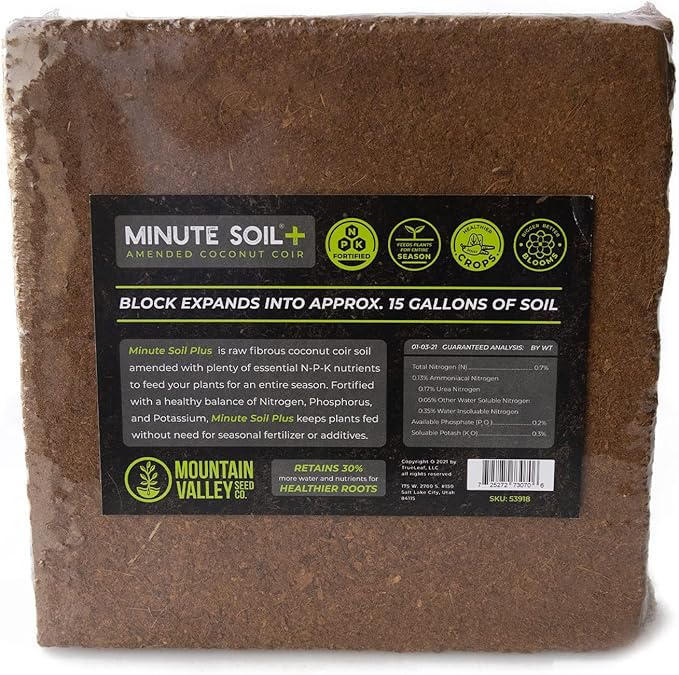 Minute Soil Plus Block - Amended Compressed Coco Coir Fiber Grow Medium - 1 Block = 15 Gallons of Potting Soil (~Wheel Barrow Full) - Enough NPK Added Nutrients to Feed Plants for 1 Season
