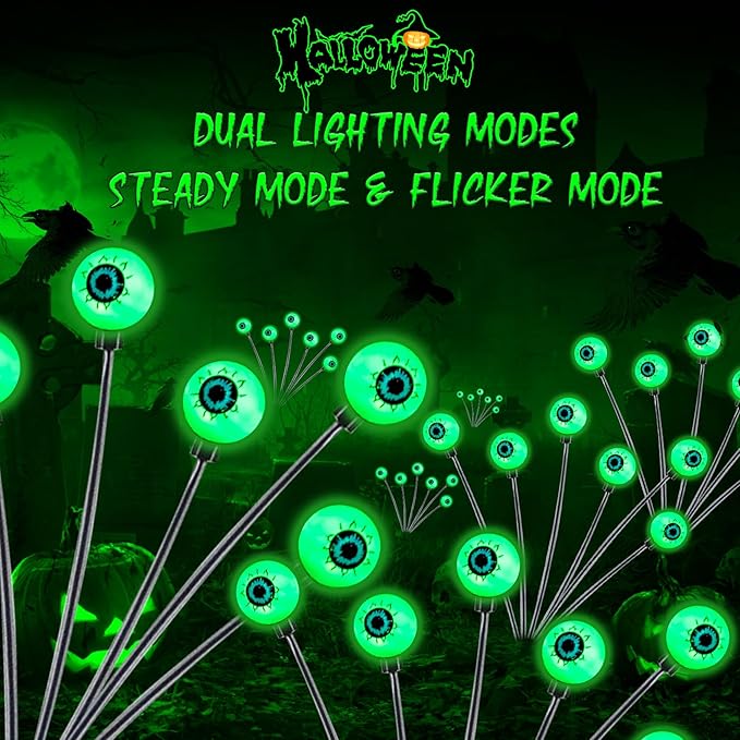 TONULAX Halloween Decorations Outdoor, 2 Pack Upgraded Solar Scary Eyeball Lights with Dual Lighting Modes, Swaying Firefly Lights, Solar Pathway Light for Yard, Garden,Yard Decor, Party (Green)