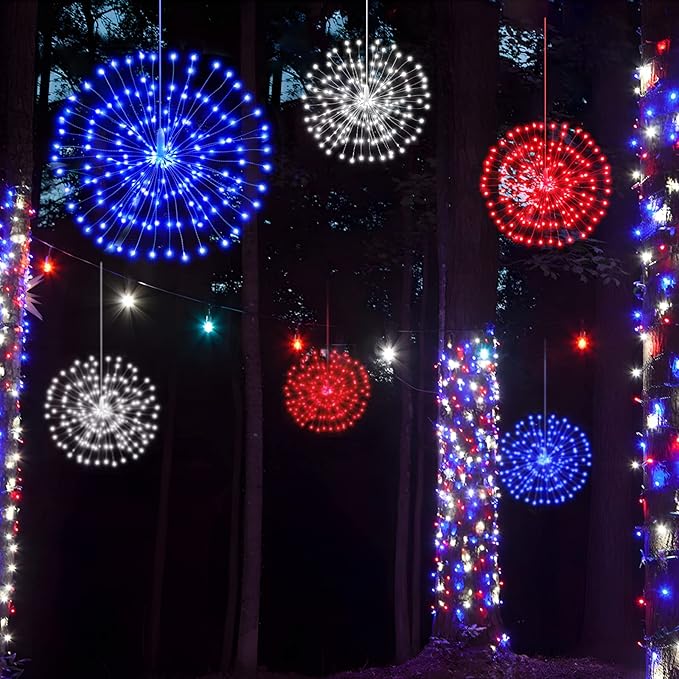 3 Pack 4th of July Lights Decorations 480 LED Remote&Time 8 Light Mode Red White and Blue Firework Lights Battery Operated, American Flag Patriotic Memorial Day Independence Day Outdoor Decor