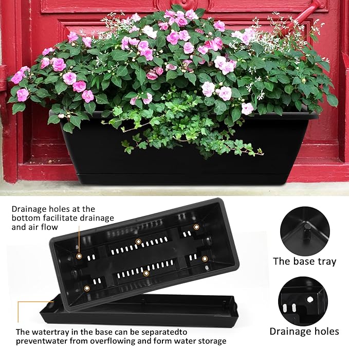 8pcs Window Box Planter,17 Inches Flower Window Boxes,Rectangle Planters Box with Drainage Holes and Trays, Plastic Vegetable Planters for Windowsill Patio Garden Home Decor Porch Yard (Black)