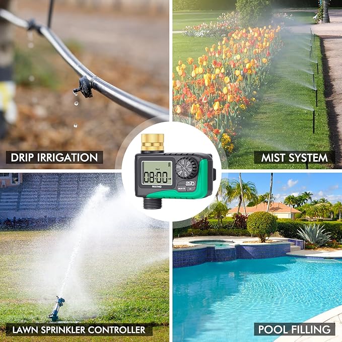 RESTMO Sprinkler Timer with Brass Inlet, Programmable Water Timer for Garden Hose, Automatic Digital Control | Manual ON/Off | Rain Delay, for Outdoor Faucet, Drip Irrigation and Lawn Watering System