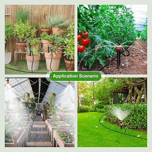 240FT Drip Irrigation System Kit, Yomile Automatic Garden Watering Misting System with 1/2 inch Hose 1/4 inch Distribution Tubing Drip Emitters Drip Spray 2 in 1 Nozzle for Greenhouse, Yard, Lawn