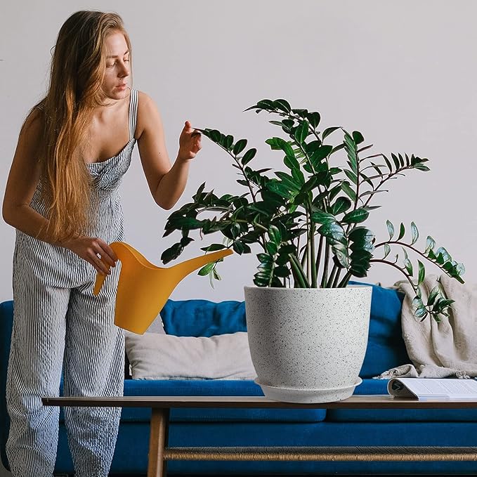 WOUSIWER Plant Pots 10/9/8 inch, Set of 3 Modern Decorative Plastic Planters with Drainage Holes and Saucers for House Plants Indoor Flowers Plants, White Speckles