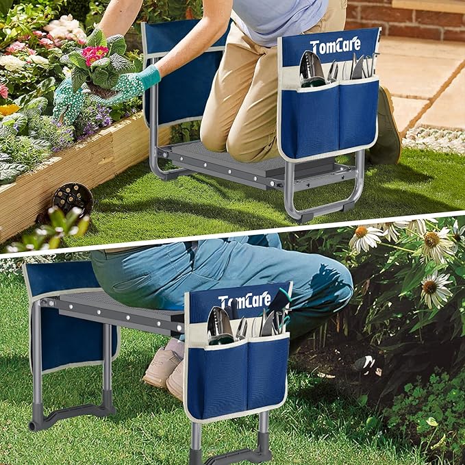 TomCare Garden Kneeler and Seat 10.24” Wide Kneeling Pad Garden Bench with 2 Tool Pouches Heavy Duty Stable Garden Stool Foldable Garden Tools Gardening Gifts for Women Men Seniors Gardeners Grey