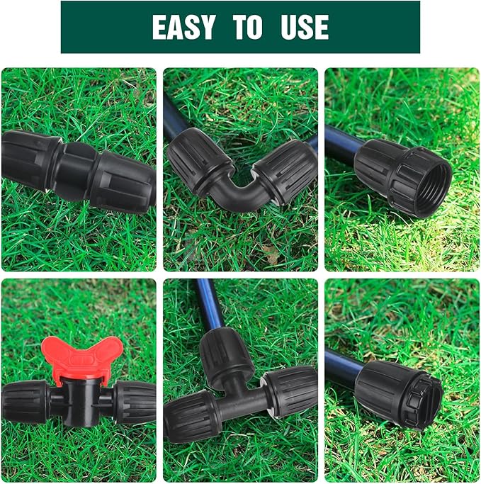 32 Pcs 1/2" Tubing Irrigation Fittings Kit 1/2" ID x 0.6-0.63" OD 16 mm Drip Irrigation Barbed Connectors 4 Switch Valves, 8 Tees, 8 Couplings, 4 Elbows, 4 Ends, 4 Adapters (Green, Black)