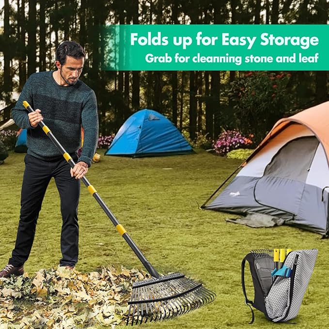 Rake - 65 Inch Long Garden Leaf Rake, 18 Inch Wide Heavy Duty Leaf Rake for Shrub with 25 Metal Tines,Yard Thatching Rake with Ergonomics Adjustable Handle for Picking Leaves,Grass Clippings Garbage