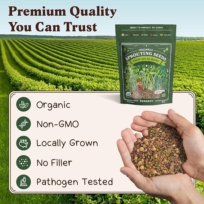 Organic Sprouting Seeds - Salad Blend Variety- Non-GMO, USA Grown Microgreens Mix - Alfalfa, Broccoli, Radish, Mung Bean, Lentil - Makes 8 Quarts of Sprouts, 24 Servings (8 oz) (Salad Blend)