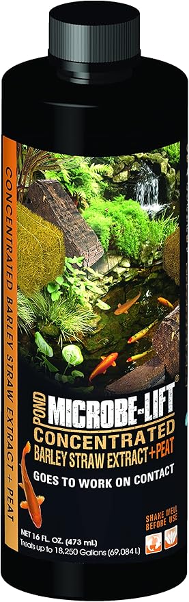 Microbe-Lift Concentrated Barley Straw Extract Plus Liquid Peat Conditioner for Ponds and Outdoor Water Garden, Safe for Live Koi Fish, Plants, and Decorations, 16 Ounces
