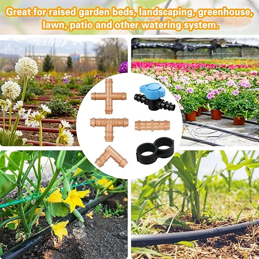 32 Pieces Drip Irrigation Fittings Kit: 1/2 Inch Drip Irrigation Tubing Set Includes 8 Couplings 8 Tees 6 Elbows 6 Plugs 2 Crosses 2 Valves for Sprinkler Systems