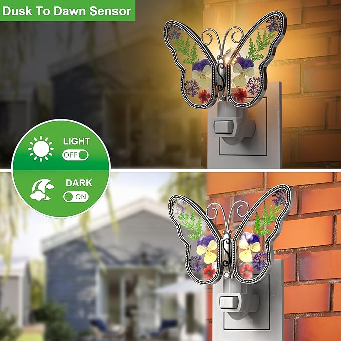 KY&BOSAM Butterfly Night Light Plug into Wall Night Lights Real Flower Glass and Metal Nightlights for Hallway Nursery Bedroom Bathroom Kids Room Kitchen Stairway Accent Elegant Themed Home Decoration