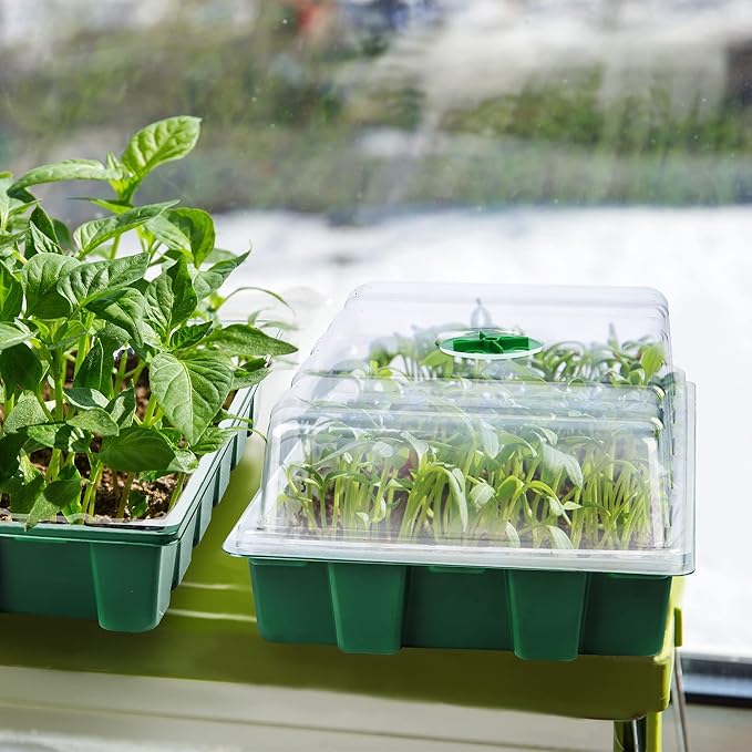 3 Pack Seed Starter Tray Kit with Grow Light Germination Trays with Humidity Dome, 120 Peat Pellets, Gardening Tools, Plant Labels, Plant Growing Trays for Seeds Growing Starting, Green