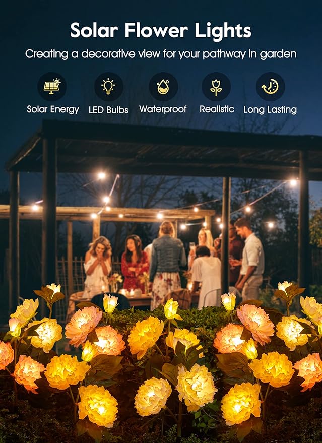 Outdoor Solar Flower Lights - 3 Pack Solar Garden Lights with Larger & More Realistic Peony, Bigger Solar Panel, Waterproof LED Solar Lights Outdoor for Yard Garden Lawn Pathway Decoration