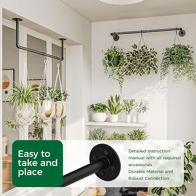 Bamworld Hanging Planters 2PCS for Indoor Plants Hanging Plant Holder Plant Hanger Indoor Ceiling Window Plant Shelves Wall Mount Black Metal Rod(Pot&Plant Not Included)