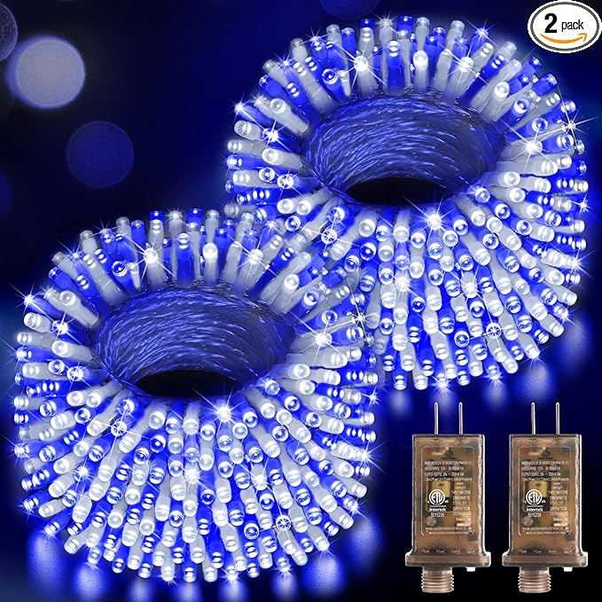 Hezbjiti 2 Pack 1000 LED 403 FT Christmas String Lights Outdoor, 8 Lighting Modes IP44 Waterproof Fairy Lights with Timer and Dimmable Function for Party Tree Decorations (Blue+White, Clear Wire)