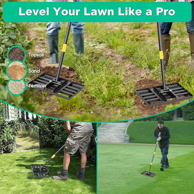 Lawn Leveling Rake with Smooth Eadge,Heavy Duty 17"x10" Lawn Leveling Rake with 6FT Adjustable Handle for Yard Garden Lawn Leveling, Soil Sand Spreading Dirt Top Dressing, Small Lawn Level Tool