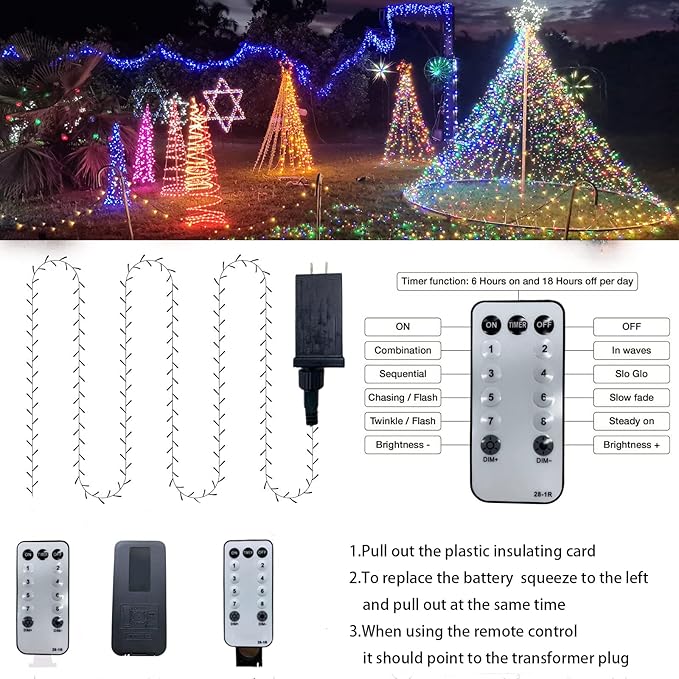 Outdoor String Lights, 300 LED 108Ft Christmas Light with Remote, 8 Lighting Modes, Powered Plug for Wedding Party Garden Tree Yard Indoor Decorations, Multi-Color