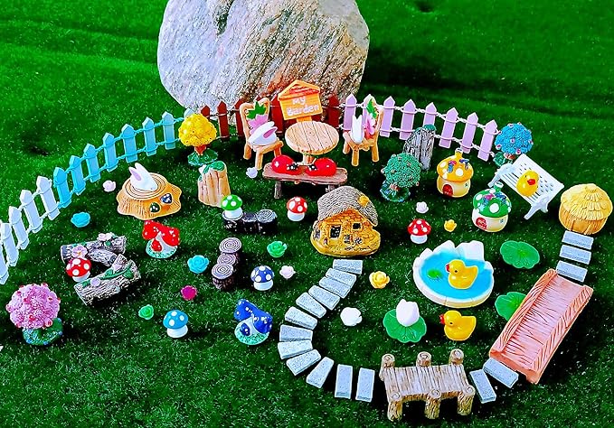 100 Pcs Miniature Fairy Garden Accessories Mini Landscape, Resin Micro Buildings Structures Tiny Animals Figurines