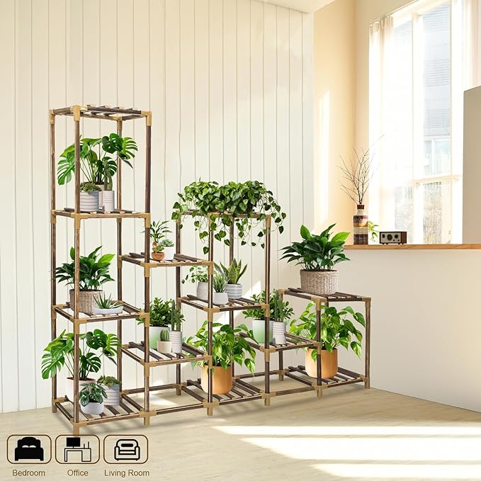 Plant Stand Indoor Outdoor, 12 Tier Plant Shelf for Multiple Plants, Large Wood Plant Shelf Combo Ideal for Gardens, Patios, and Lawns