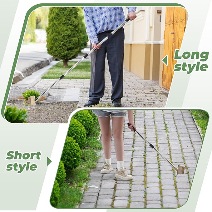 Tandefio Crack Weeder with 2 Weed Brush Heads, Long Manual Crevice Weeding Tool, Manual Weeder Moss Weed Remover Puller Tool Grout Brush with Steel Handle for Deck Paver Patio Walkway Driveway Wall