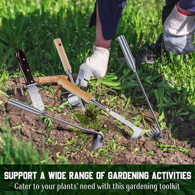 Yungyan 5 Pcs Weed Puller Set Include Hori Weeding Knife Uprooting Crack Weeder Puller Tool 5 Teeth Weeding Tool L Shape Gardening Crack Sickle Tool Hoe for Garden Lawn Grass Moss Removal Backyard