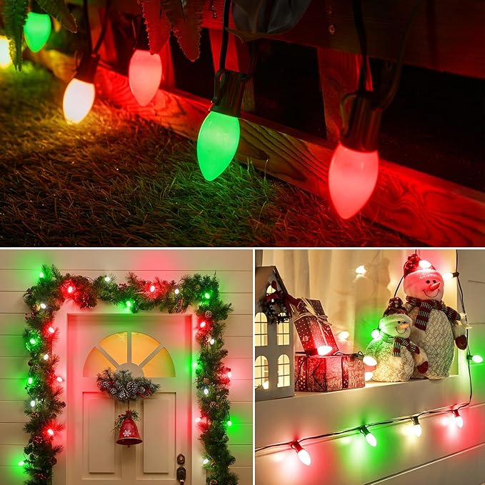 Minetom Outdoor Christmas Lights, 50 FT Vintage Red Green and White C9 Christmas String Lights for Christmas Holiday Indoor Room Roofline Backyard Garden Patio Home Decor, E17 Base, Green Wire