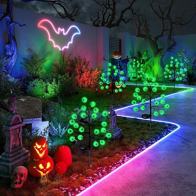 Solar Halloween Eyeball Pathway Lights Decorations, 3D Lighted Eyeball Stake Lights, 2 Pack 40 LED Halloween Lights, Outdoor Waterproof for Garden, Pathway and Yard Decoration