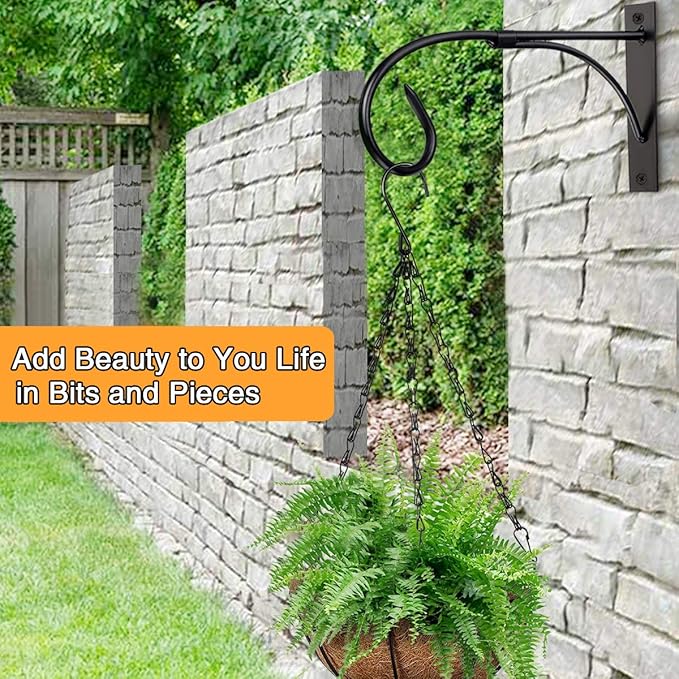 Iron Hanging Basket Brackets, 2 Pcs 11 Inch Durable Weather-Resistant Outdoor Plant Hooks for Hanging Plant Lantern Windchime Birdhouse Metal Sign Fruit Bracket, Screw Included