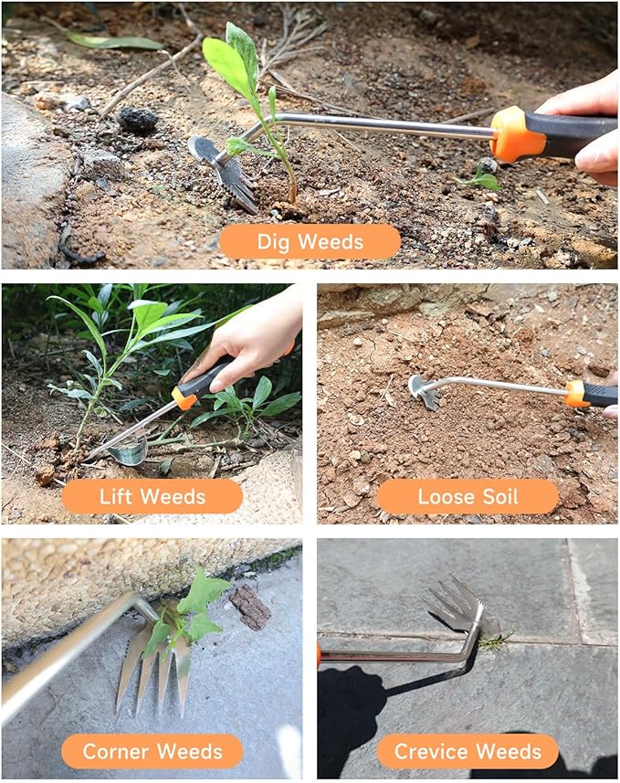 Weed Puller Tool Set with Ergonomics Rubber Anti-Slip Handle - 2 PCS Thickened Steel Hand Weeding Tool, Uprooting Gardening Weeder Tool for Garden, Farm, Corner, and Crevice - Orange