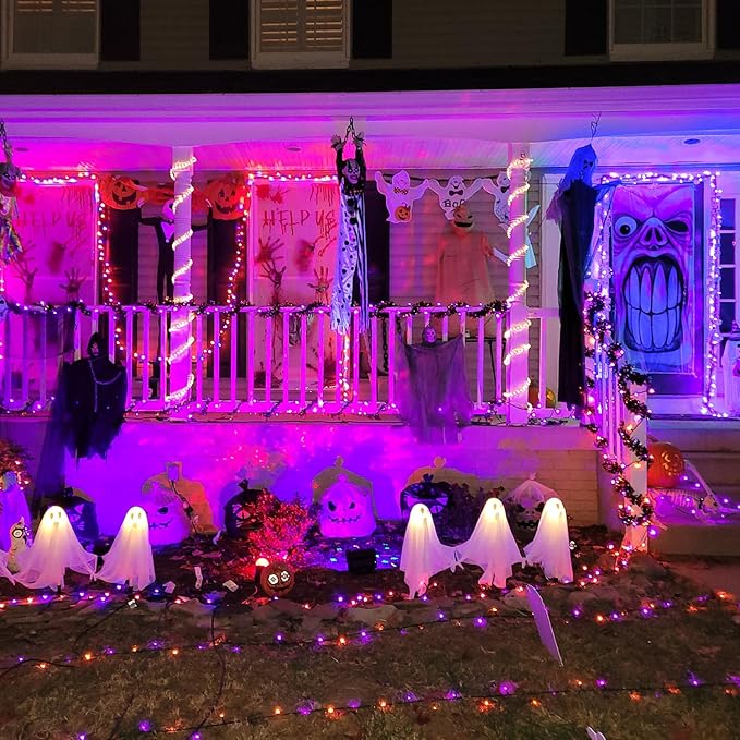 JMEXSUSS Orange and Purple Solar Halloween Lights, 2 Pack Total 400 LED Solar String Lights Outdoor Waterproof, 8 Modes Halloween Lights for Outside Halloween Tree Decorations