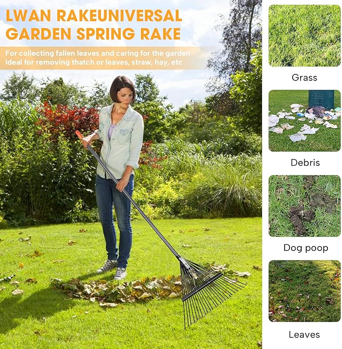 High-Carbon Steel Gardening Leaf Rake, Suitable for Raking Leaves and Lawn Tidying,Adjustable Split Long Handle 33-67", 24tines 23.2" Wide,Garden rake and thatch rake Suitable for Adults
