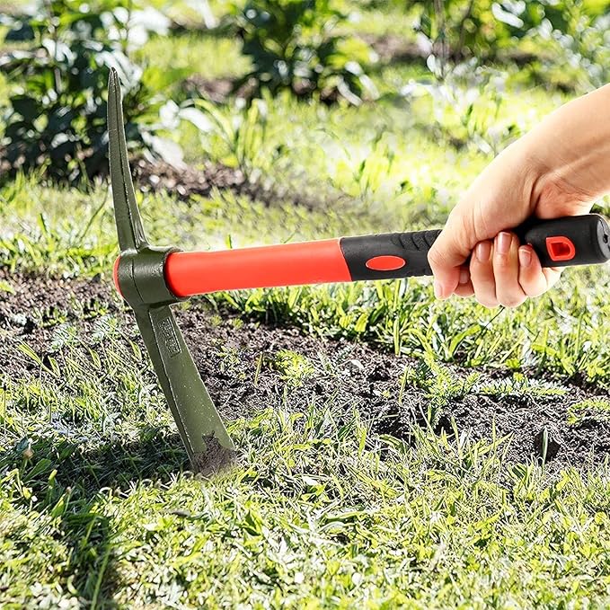 15 Inch Pick Mattock Hoe, Forged Steel Weeding Pick Axe with Fiberglass Long Handle Garden Tool for Digging, Gardening, Camping, Prospecting, Construction Work