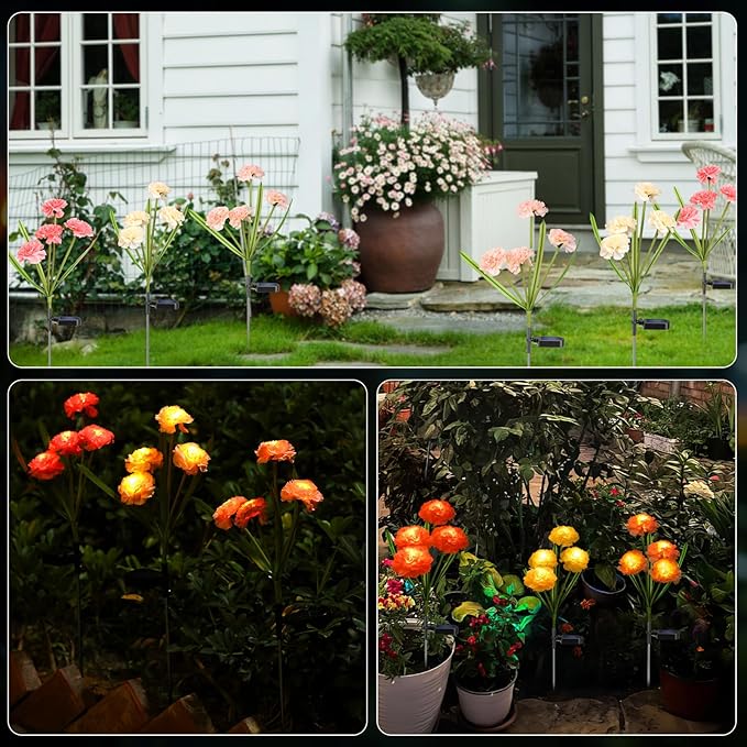 Solar Flowers Outdoor Waterproof, Solar Carnation Stake Lights Outside with 12 Real Looking Flowers for Yard Decorations Outdoor, Front Yard, Garden, Flower Bed, Lawn, Patio Decor (3 Pack)