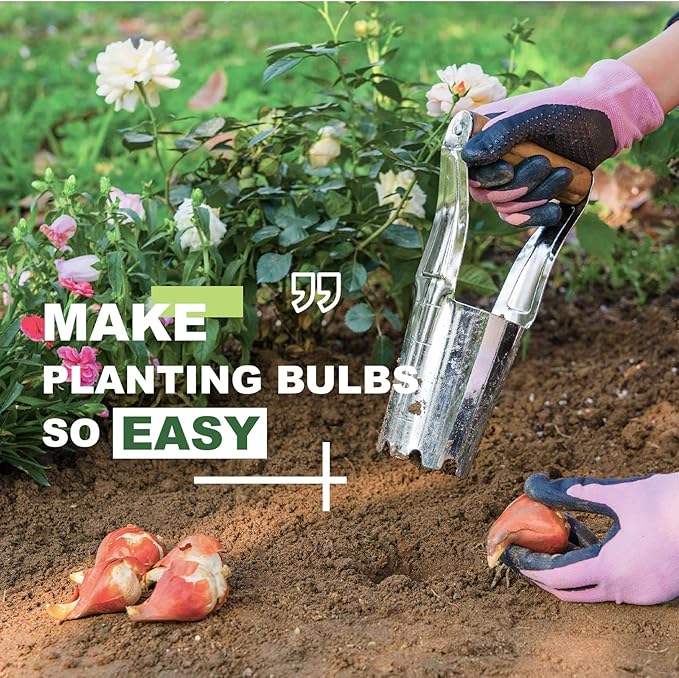 Bulb Planter Tool, 4 Inches Depth Mark Hand Bulb Planter, Non-Bending Stainless Steel Bulb Planter Digger, Garden Bulb Transplanter with Comfortable Grip Wooden Handle for Tulip and Daffodils