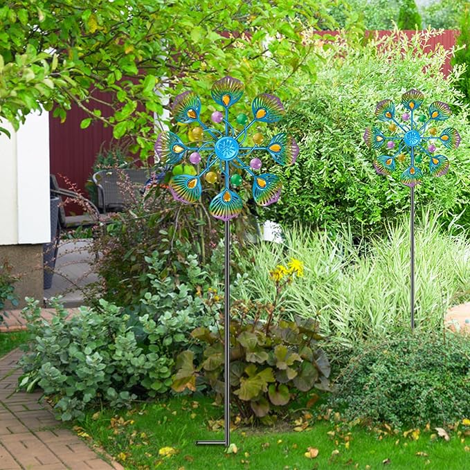 Peacock Wind Spinner Outdoor, Standing Wind Sculpture Yard Art Decorations, Metal Windmill for Patio Lawn & Garden Decor (2pcs-Blue Green)