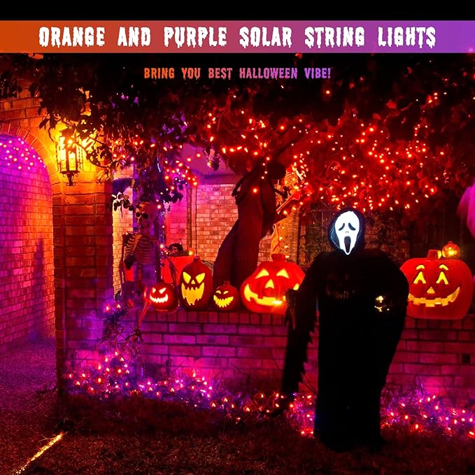 JMEXSUSS Orange and Purple Solar Halloween Lights, 2 Pack 100 Led Color Changing Christmas Lights Outdoor, 33ft 8 Modes Solar String Lights Waterproof for Halloween, Christmas, Tree Decor