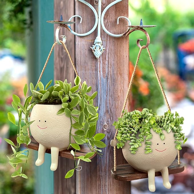 HUNTHAWK Swing Face Planter Pot Hanging Resin Flower Head Planters for Indoor and Outdoor Plants, Succulent Pots for String of Pearls Plant - Ideal Gifts for Mother's Day and Christmas