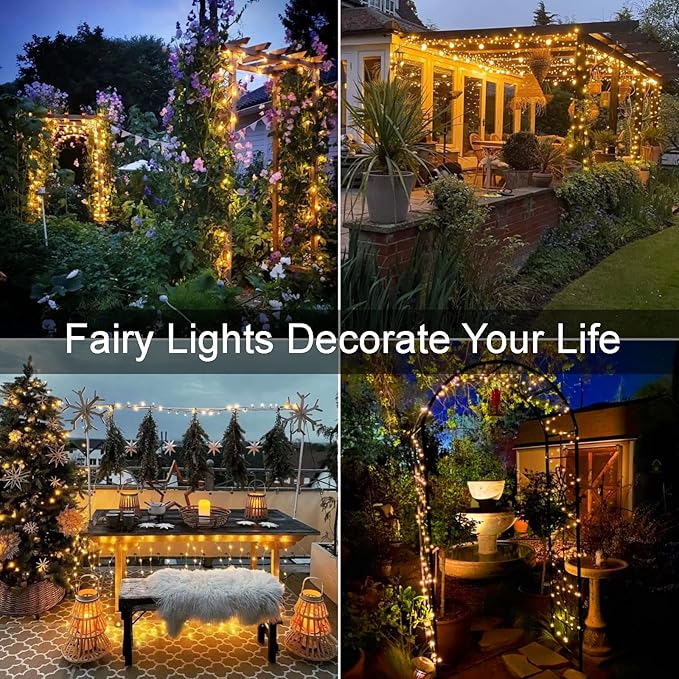 YEGUO Solar Fairy Lights Outdoor Waterproof, 4 Packs Each 33ft 100 LED String Lights Warm White, 8 Modes Silver Wire Twinkle Lights