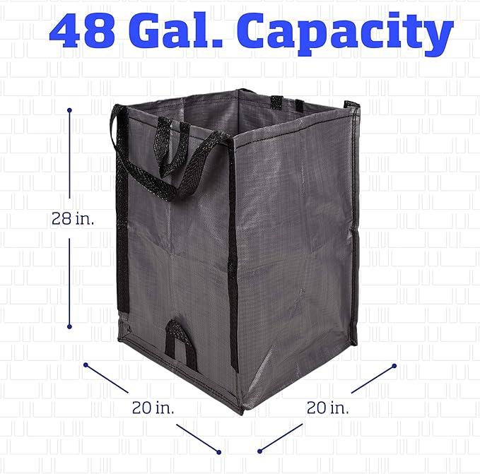 DURASACK Heavy Duty Home and Yard Waste Bag 48-Gallon Woven Polypropylene, Reusable Lawn and Leaf Garden Bag with Reinforced Carry Handles, Pop-Up Self-Standing Garbage Can, Gray