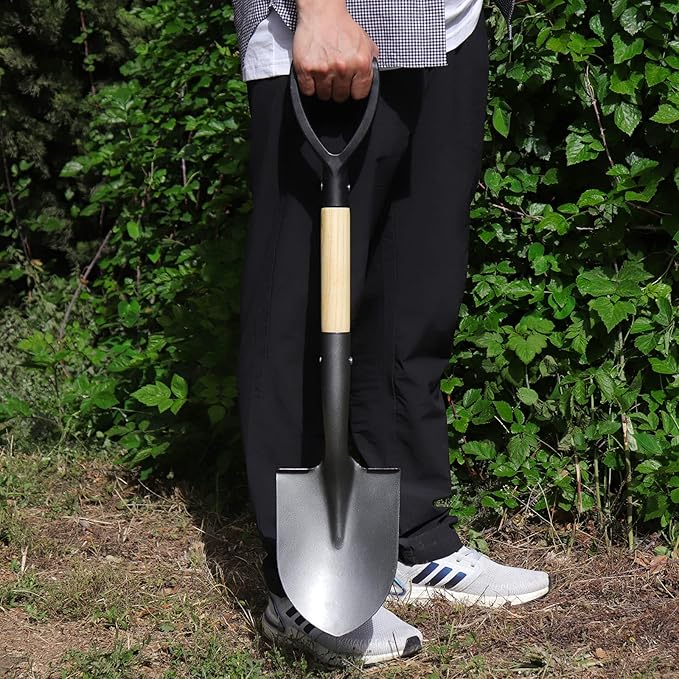 Shovel for Digging 28 In Small Round Shovel with D Handle Kids Metal Beach Shovel,Camp Shovel ,Garden Shovel ,Gardening Tools Wooden Handel, Yellow Wood, 28In