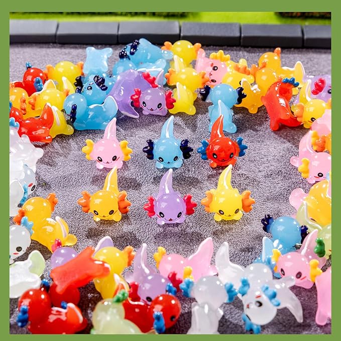 72 Pack Mini Animals Tiny Axolotl Figurines Glow in Night Bulk for Miniature Dollhouse Decor Accessories Garden Aquarium Potted Ornament Party DIY Charms Office Classroom Activity to Hide