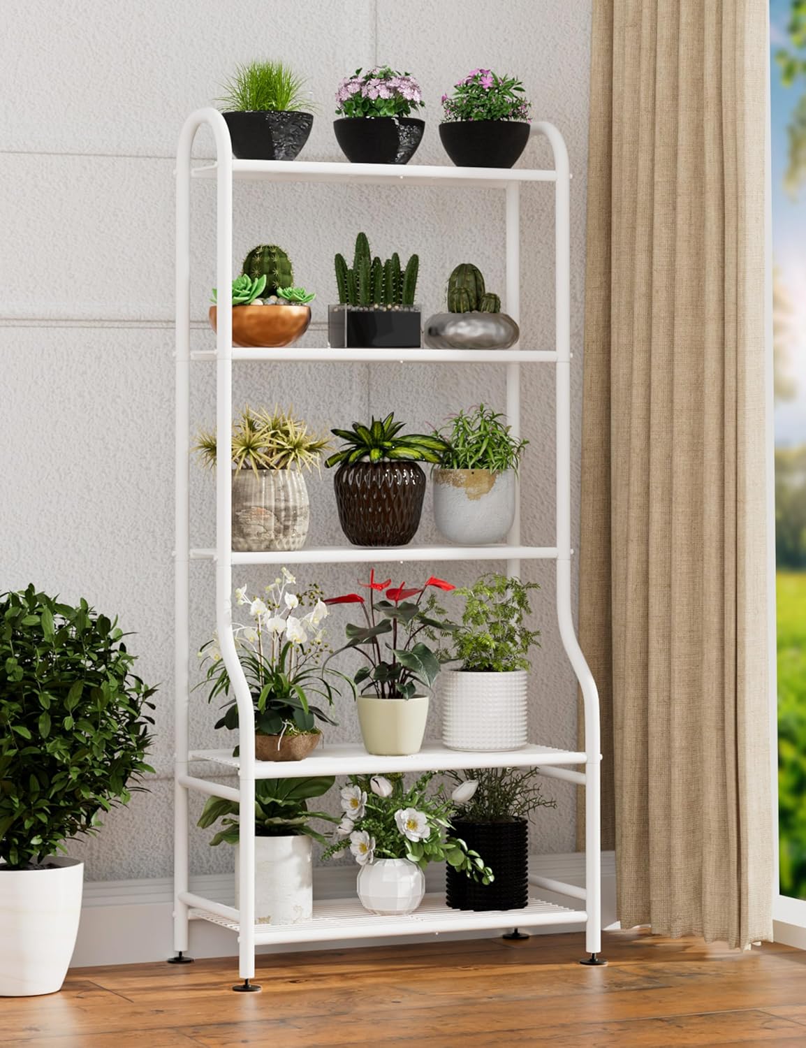 5-Tier Metal Plant Stand Indoor Outdoor, Waterproof Flower Stand for Multiple Pots, Heavy Duty Plant Stands for Living Room Patio Garden Decor, Tall Plant Shelf with Leveling Feet, White