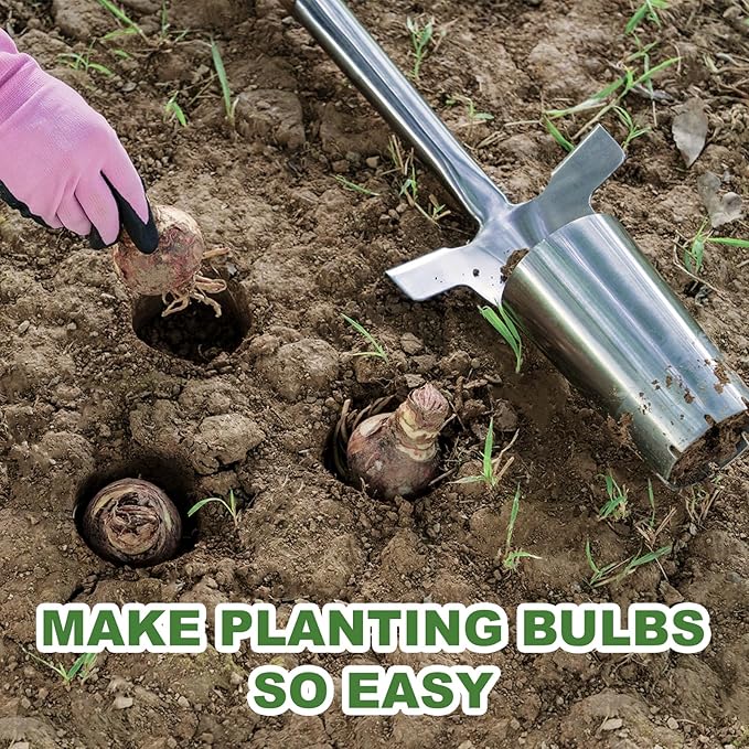 Long Handled Bulb Planter Tool, 37'' Bend-Proof Stainless Steel Bulb Planter, 4'' Depth Mark Long Handled Hole Digger, Bulb Planter with Comfortable T-Shape Long Wood Handle for Planting Tulip