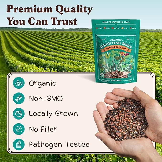 Organic Sprouting Seeds - Superfood Blend - Non-GMO, USA Grown Microgreens Mix - Broccoli, Radish, Pak Choi, Clover, Red Kale - Makes 8 Quarts of Sprouts, 24 Servings (8 oz) (Superfood Blend)